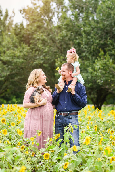 Beautiful Mississippi Family Photography: Summer Family portrait in Sunflower field with puppy