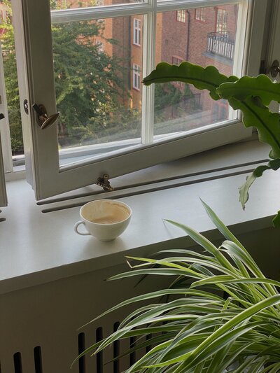 A cozy windowsill holds a cup of coffee beside lush green plants. An open window reveals a view of trees and brick buildings, creating a peaceful morning scene.