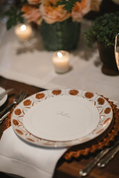 Round menu card with calligraphy place card for Winvian Farm wedding in Connecticut