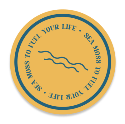 Gold and blue round badge with the Just Livity tagline, "Sea Moss to Fuel Your Life"