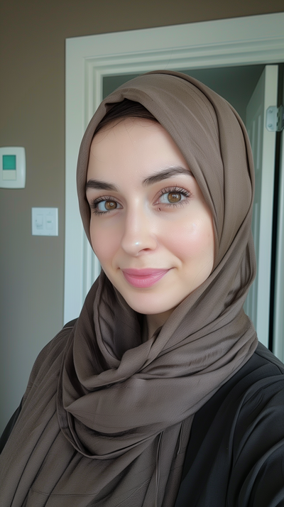 Portrait of a serene woman wearing a taupe hijab, representing empowerment and peace