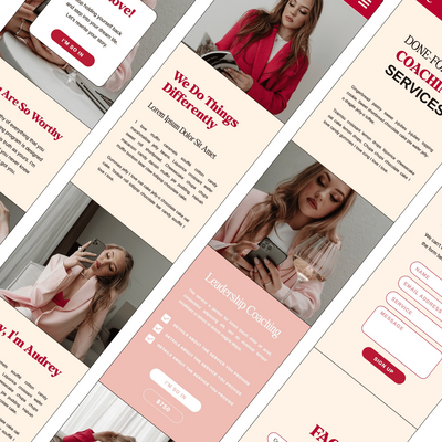 A screenshot of a coaching services landing page with the tagline "We Do Things Differently." The page features a call to action button labeled "I'M SO IN," a section titled "Leadership Coaching," and details about the services offered. The background includes a motivational quote and a list of sweet treats.