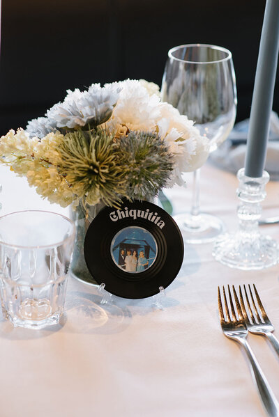 Wedding guests name on a record with their image on for a LGBTQ+ wedding in Dublin, Ireland