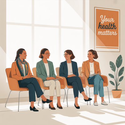 Group of women participating in a supportive wellness or health coaching session at NiuOla Health in Olympia, Washington, seated in a bright, modern room with notepads, fostering a sense of community and encouragement.