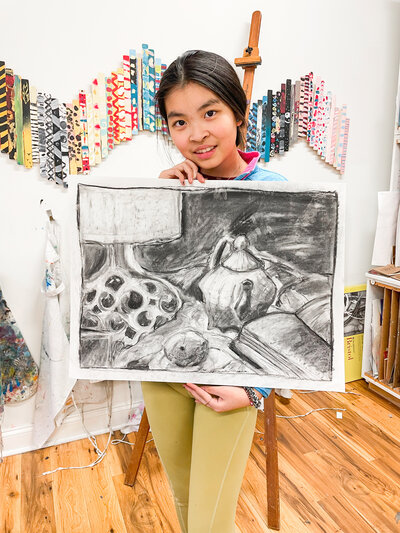 Artcie teen still life pencil and charcoal drawing