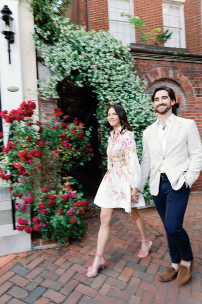 Bride and groom walk up memorial steps at their DC wedding