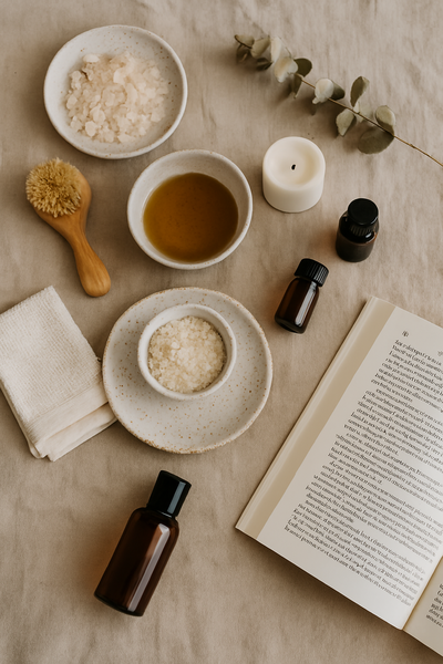 Flat lay of calming self-care items including a body brush, glass jar, and towel, representing a mindful morning routine and daily self-love practices