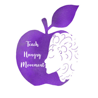 purple apple with Teach Hungry Movement written it, profile of woman's face in with curly hair
