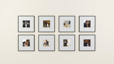 Black matted wall frames on a gallery wall of fine-art quality prints.