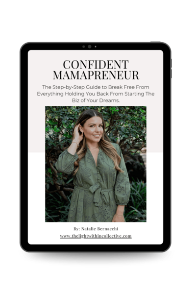 Cover of the Confident Mamapreneur freebie featuring Natalie Bernacchi smiling in a green dress, standing in front of lush greenery