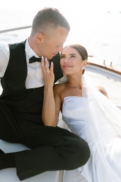 Bride and Groom on a boat at Lake Como
