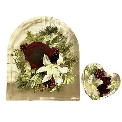 wedding bouquet preserved in resin bookends hearts and jewelry dish by Buds Blooms and Blossoms