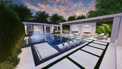 Outdoor kitchen in modern design with high-end finishes and living plant wall.