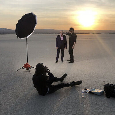 Behind the scenes photo  band portrait Mark Maryanovich Photography El Mirage California taking photo of 7Horse at sunrise