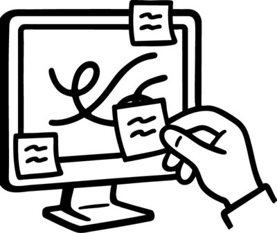 A black and white illustration of a computer monitor displaying a squiggly line, with sticky notes attached to the screen. A hand is shown placing one of the notes, suggesting brainstorming or creative planning.