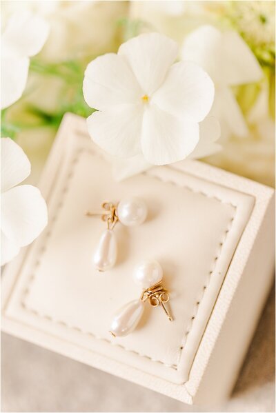 wedding photography of white pearl earrings by Portland Oregon wedding photographer