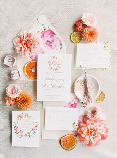 Pink and Orange Floral Letterpress Wedding Invitation