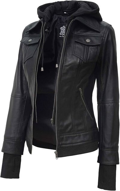 Woman in Classic Faux Leather Moto Jacket