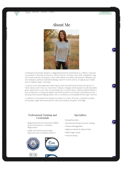 A screenshot of Grounded Nutrition Therapy's previous website design displayed on an iPad, showing the outdated layout and structure before the redesign by Unica Formo to enhance user experience and functionality.