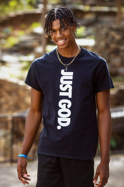 Portrait of a young man in Just God tee shirt, Columbia SC
