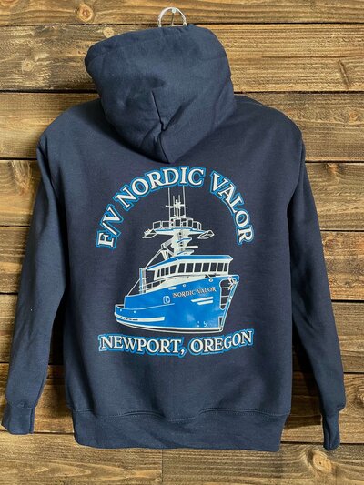 Newport Oregon original graphic design of blue ship on a black sweatshirt.