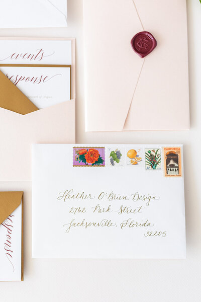 blush and gold floral wedding invitation vintage stamps beach florida 2
