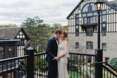 Editorial Boho Chic Bride and Groom embrace at golden hour at Old Mill Toronto Wedding | Jacqueline James Photography, Toronto Wedding Photographer