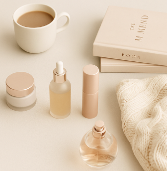 A flat lay of neutral-toned beauty and lifestyle items, including skincare bottles, a jar, a spray perfume, a knit cream sweater, and stacked books labeled “BOOK,” all set on a soft beige surface. The aesthetic is minimal, warm, and luxurious.