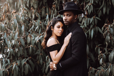 A couple dressed up formally for their engagement session.