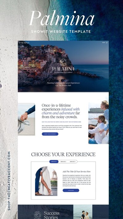 Palmina website template mockup over ocean photo