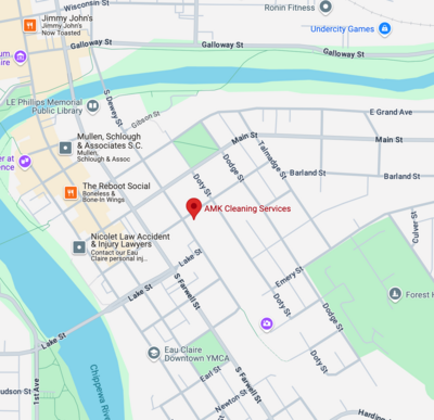 Google map showing the location of AMK Cleaning Services in Eau Claire, WI.