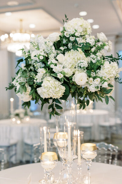 floral centerpiece with candle sticks and glass candle decor