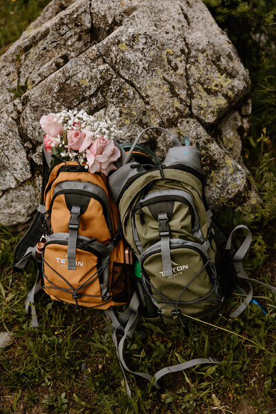 two backpacks sitting on the ground leaning on a large rock