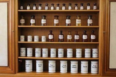 A vintage wooden apothecary cabinet filled with labeled glass jars and white metal canisters containing herbs, powders, and tinctures used in traditional pharmacy or herbal medicine.
