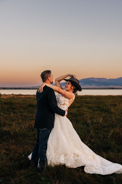 Bride and Groom Sunset photos at U diamond Barn Helena Montana