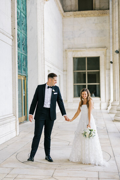 Romantic and timeless wedding photography in Chicago featuring a bride and her veil blowing in the wind.