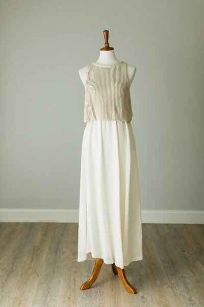 Loft dress with a knit sweater top and flowy white skirt in cream & tan
