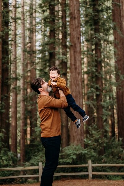 dad lifts son in the air as they both smile in the redwoods near lafayette