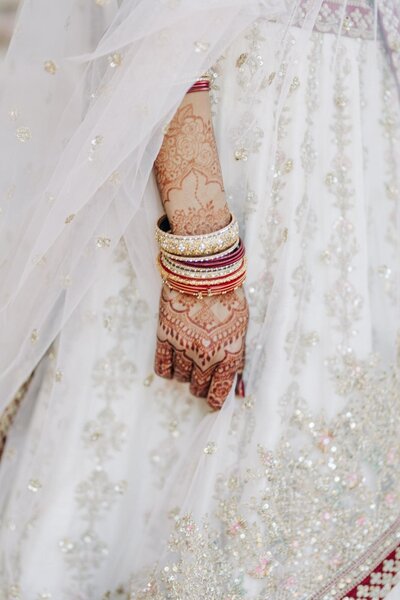 A bride's adorned hand with henna and bangles under her wedding veil.