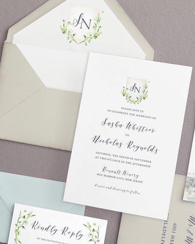 Custom wedding invitation with watercolor crest