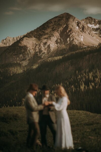 A bride and groom are facing each other with an officiant behind them. They are holding hands. A mountain is behind all of them in focus