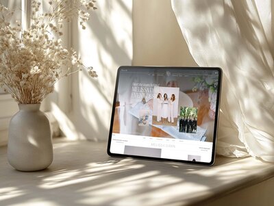 iPad with a mockup of a beautiful website page props against a wall with curtains behind in sitting on a ledge next to a neutral flower arrangement depicts the work of expert Showit Designer and Brand Designer Bayou Brand House for Melissa Dawn Event Designs.
