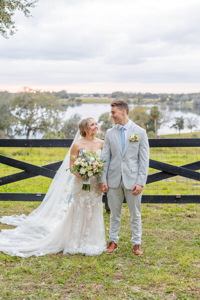 bride and groom sharing a loving moment in front of a lake view