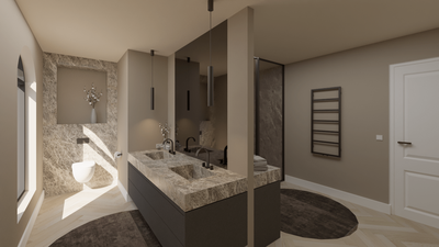 Luxe 3d tekening van een badkamer met naturel kleuren