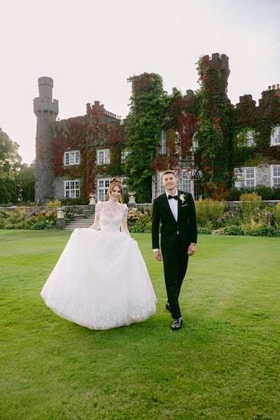 A wedding photo of the bride and groom at Luttrellstown Castle in Dublin Ireland