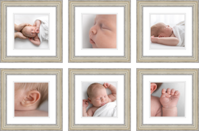 Framed newborn portraits on a gallery wall  in Huntsville  Alabama