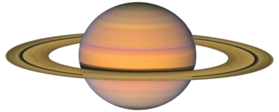 A realistic drawing of Saturn with the rings in yellow around a glowing soft pink planet