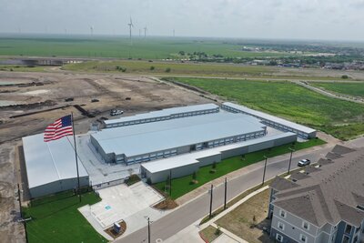 Aerial drone view of The Haven Self Storage facility in Gregory Texas showing the full property layout and building structure managed through WLS Interests commercial services.