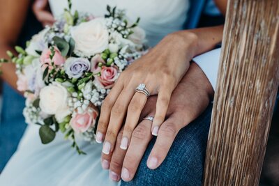 Bride and groom holding hands