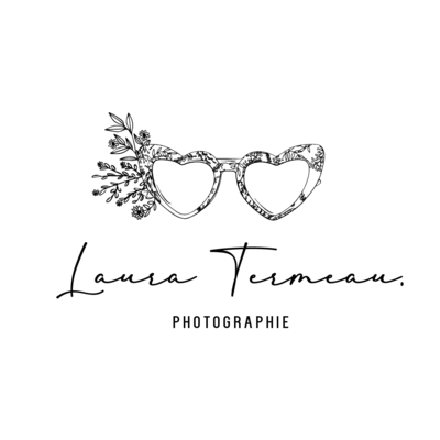 Logo de Laura Termeau photographe représentant des lunettes en forme de coeur et du végétal dans un style sensible.